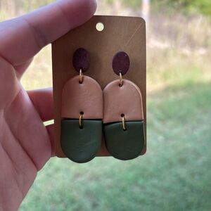 Handmade polymer clay Earrings. Tan and olive green dangles. Wood post studs.